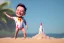 Placeholder: Elon musk as a 4 year old toddler building a Very tall rocket-shaped sandcastle on the beach. He is wearing a polkadot swimsuit