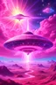 Placeholder: vaisseau interdimensionnel de couleur rose, grands rayonnements, dans un cosmos rose et jeu très étoilé d'or, 8K,ufo rainbow