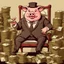 Placeholder: rich pig in suit on a throne making stacks of money by making a deal with a buisnessman. background of musicians