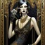 Placeholder: Mixed media, a tall beautiful woman with the head of a Siamese cat, wearing a black dress with pearls and long black gloves, she is holding a cigarette in a cigarette holder, background in the style of art deco Klimt, George Barbier, 3d, Bas relief, encaustic, gold leaf accents. Modifiers: highly detailed elegant dof fantasy portrait very attractive beautiful dynamic lighting 4K 3D crisp quality Unreal Engine very cute cinematic postprocessing pencil sketch Arthur Rackham Surrealism Gustave Kli