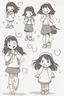 Placeholder: Little girl characters expressing different emotions, such as happiness, surprise, and curiosity. Use heart shapes to depict various facial expressions.,very happy , Colloring page for todlliers ; basic hawali style cartoon , black and white , ink outlines , , smooth , anime style , minimalist , cute eyes , full body , white shose , sketchbook , realistic sketch , free lines , on paper , character sheet , clean line art high detailed