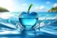 Placeholder: A perfect transparent glass apple, floating on the ocean waves of a beautiful blue ocean, water splashing, crisp quality high definition realistic professional award winning digital art