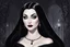 Placeholder: A bewitching portrait of Morticia Addams in a moment of seductive allure. Her obsidian black hair cascades down her shoulders, framing her pale, sculpted face with high cheekbones and piercing dark eyes. Her lips are a deep crimson, slightly parted in a knowing smile. She wears a flowing, form-fitting black gown that accentuates her slender figure, its fabric clinging sensuously. The background is a dimly lit, gothic chamber, perhaps with ornate, shadowy furnishings and a hint of cobwebs. The li