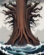 Placeholder: the base of a great redwood tree trunk takes up the majority of the screen. It is surrounded by ocean, which pours into the center of the charred wooden flesh. There are no mountains or other trees surrounding it, and there are no leaves. The background is the storming sea, churning towards the treetrunk and flowing down into its center.