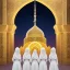 Placeholder: photograph of three women in white burkas standing in front of intricate, ornate, fine-detailed mosque, clear sky, volumetric lighting, 8k resolution, high-quality, Moe Zoyari, Marc Adamus, Ann Prochilo, Romain Veillon, intricate, digital art, national geographic photo, xf iq4 150mp camera system