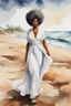 Placeholder: Create an urban culture watercolor painting of a beautiful thick black female wearing a soft white maxi dress and a white hair wrap. Prominent make up with lush lashes. Highly detailed tightly curly afro. Background of her walking in the sand by the ocean.