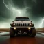 Placeholder: hyperrealistic shot, off-road truck, earth color palette, sharp focus, puddle reflection, tire water splash, refraction, rain and lightning on the horizon, shadowcast, detailed and intricate, cinematic composition, micro, tilt shift photography