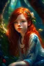 Placeholder: teenage girl, close-up shot, dynamic pose, fair skin with freckles, blue eyes, curly red hair, braided hair style adorned with flowers, slim and athletic body, bohemian-style clothing with embroidery and tassels, enchanted forest setting, on top of a moss-covered tree stump, impressionist style, soft golden sunlight, digital painting, high resolution
