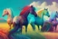 Placeholder: illustration fantasy horses of different colors in a field