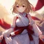 Placeholder: Clear Focus, High resolution, girl wearing a miko outfit, wearing a short white skirt, sleeveless, medium hair length, fluffy tight hair, blonde hair, red eyes, wearing red bow behind hair