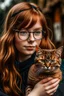 Placeholder: girl with ginger hair in a fringe with glasses and a septum piercing holding a tabby cat