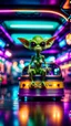 Placeholder: sexy dragster stunt alien gremlin on the bus roof posing on a hipster bus parked in dark neon lit reflective wet arcade hall tunnel,bokeh like f/0.8, tilt-shift lens 8k, high detail, smooth render, down-light, unreal engine, prize winning