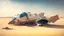 Placeholder: sleek spaceship, sitting in a desert, surrounded by ruined buildings