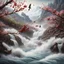 Placeholder: Rustic cherry branch floating down narrow rushing river, violent rapids, white peaks, birds flying. Highly detailed, fantasy, beautiful,hyperrelastic,