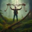 Placeholder: upper body of tall imposing human wizard holding up wood and rope bridge in magical forest, spray painting, autumn foliage frame,dark fantasy art , sun,glowing magic wand, Realistic photography, incredibly detailed, ultra high resolution, 8k, complex 3d render, cinema 4d, color corrected