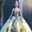 Placeholder: stunning couture gown designed by Marchesa inspired by fairytales, realistic epic fantasy colors, detailed, high quality, intricate, fantasyland background,