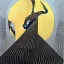 Placeholder: drawn in single line by Nicolai Blatter with hatch with parallel wavy lines metal engraving with african man dance procession in salvador dali style or picasso style