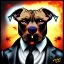 Placeholder:  spray paint art,realistic pit bull mafia boss with machine gun and suit, city streets,run for cover, book illustration