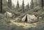 Placeholder: campsite, tents, overgrown, post-apocalyptic, comic book, forest