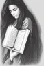 Placeholder: Pencil sketch of Young woman, Arab features,sad, long wavy hair, reading a book, full body، on lined paper