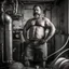 Placeholder: full figure shot photography, ugly turkish chubby plumber repairs boiler, burly, shirtless, hairy allover, manly chest, muscular big beefy 40 years old, dressed in boxer, big thighs, seen from below, frontal view, ambient occlusion, side light