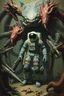 Placeholder: Bosch painting style, an astronaut surrounded by wired large creatures with weapons
