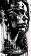 Placeholder: double exposure collage portrait of the craying woman, face of sadness, character design, shadows, building, noise, smog, surreal style, high detail, realistic photo, black pen and ink, intricate detailed black and silver line art, thick black ink on wet paper, dramatic mood, graffiti art, splash art, dark oil gouache melting, gloomy