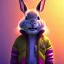 Placeholder: pixar style anamorphic cute smiling baby rabbit, smiling, cyberpunk headphone, sunglass, gangsta gold neckless, full body, magenta puffer jacket, manila city backdrop, dramatic lighting, hyper realistic, unreal engine 5, 16k