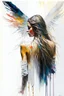 Placeholder: A detailed illustration of a beautiful young female human with growing out of her back. Her skin, hair and face are all made of paint. Her wings are spread. Front view. Highly detailed flawless facial features and eyes. Abstract Oil painting splash art. White background, wide angle, abstract design, beautiful, thick flowing paint strokes, dripping paint, fantasy art, modern art, ((soft happy complimentary colors,)) modern aesthetic, focused on the character, 4K resolution.