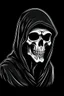 Placeholder: 1950s character with skull face wearing a black hooded cloak, drawn in a early animation rubber hose animation style, inside a diamond shape on a black background, monochromatic