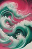 Placeholder: two red-ish fuchsia and green-ish jade aurora borealis swirling wildly on a white mask, abstract art, by Hokusai