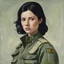 Placeholder: portrait of a black-haired young woman wearing fatigues