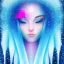 Placeholder: Face Angel crystalline,blond hair, blue eye ,pink , cosmic, opalescent, gemstones, crystals, other worldly,water,bright, ice background, snow lake blue