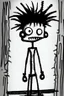 Placeholder: 2d drawing of a stickman, cool with punk hair, x eyes like in hangman, no shirt in only a towel,standing with folded arms,