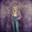 Placeholder: Singer Madonna, hippie girl, jeans, purple fur, striped wallpaper, old autochrome