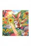 Placeholder: The cute bunny excitedly looks at a bright yellow sunflower in the colorful garden, the beautiful butterfly and the friendly brown squirrel are next to the bunny and smiling, child book illustration style, faces must be the same as reference image