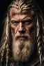 Placeholder: portrait of a 60-year-old viking ,blonde beard and long blond hair with Two small braids. Rugged face with a scar on his cheek. dark fantasy