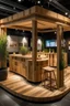 Placeholder: Corner exhibition stand in eco-style, with wood elements and meeting areas