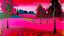 Placeholder: A magenta field with cypress trees painted by Joan Miro