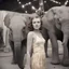 Placeholder: A woman , freckles, with an elephant, at the circus, 1970s, golden