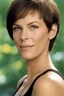 Placeholder: full color Portrait of 18-year-old prude Jamie Lee Curtis, with short, pixie-cut brown hair, tapered on the sides, wearing a black cotton sports bra and short - well-lit, UHD, 1080p, professional quality, 35mm photograph by Scott Kendall