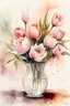 Placeholder: A watercolour and ink drawing of A vase of pale pink roses and pink and white tulips in the style of artist John Lovett