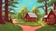 Placeholder: Cartoon style: far far away, down the hill between trees, one tiny wooden house with red roof