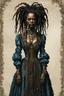 Placeholder: full body colored etching of an aged ornately dressed, malevolent, predatory voodoo female vampire l from the French West Indies with highly detailed beaded dreadlock hair and facial features ,in the style of Rembrandt, Gian Lorenzo Bernini, and Johannes Vermeer, with a fine art aesthetic, highly detailed , realistic , 4k UHD