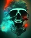 Placeholder: broken skull. black background. smoke and explode. particles in air. teal and orange. abstract. beksinski.