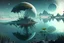 Placeholder: Alien landscape with grey exoplanet in the sky, Lagoon reflection, vegetation, sci-fi, concept art, movie poster