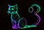 Placeholder: black background, outlines of a holographic question mark and contented cat drawn from thin neon-coloured glowing lines