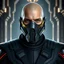 Placeholder: star wars bald male corellian jedi wearing gunmetal grey and black old republic armored flightsuit and breath mask with gold and metallic red trim inside the jedi temple, centered head and shoulders portrait, hyperdetailed, dynamic lighting, hyperdetailed background, 8k resolution, volumetric lighting, light skin, fully symmetric details