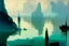 Placeholder: distant modern city, sea, mist, rocks, lake reflection, epic, sci-fi, edouard manet painting