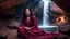 Placeholder: Hyper Realistic Photographic Outside View Of A Gorgeous Pashto Girl (Wearing Simple Burgundy Colored Dress & Wearing Plain Pink Dupatta On Her Neck) Happily Sitting & Smiling Boldy In A Cave & Showing Her Long Black Hair With Waterfall View Outside, With Heavy Rain Outside Cave At Dark Night Showing Dramatic & Cinematic Ambiance.